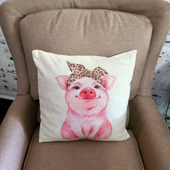 Adorable Pink Pig Pillow Cover-Piglet with Bandana | Farmhouse Decor 15" Square - Picture 1 of 6